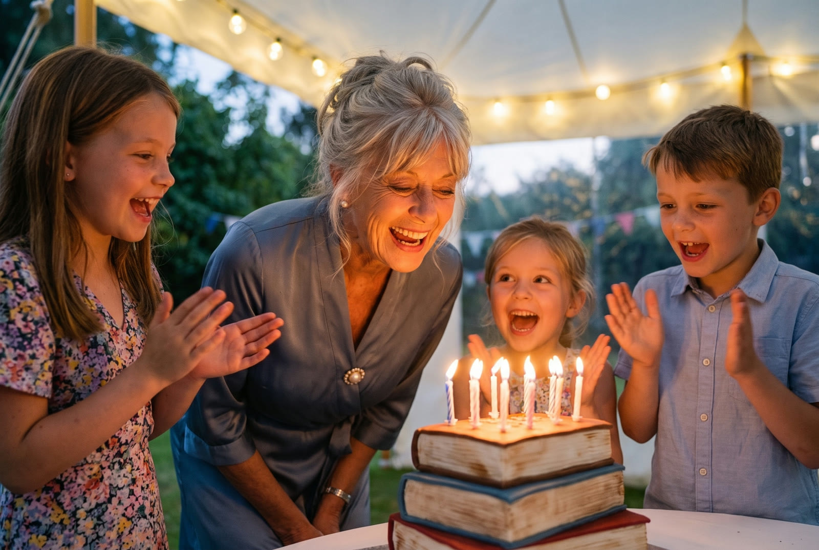 Margaret blowing out the candles on a book-shaped birthday cake, surrounded by her grandchildren.