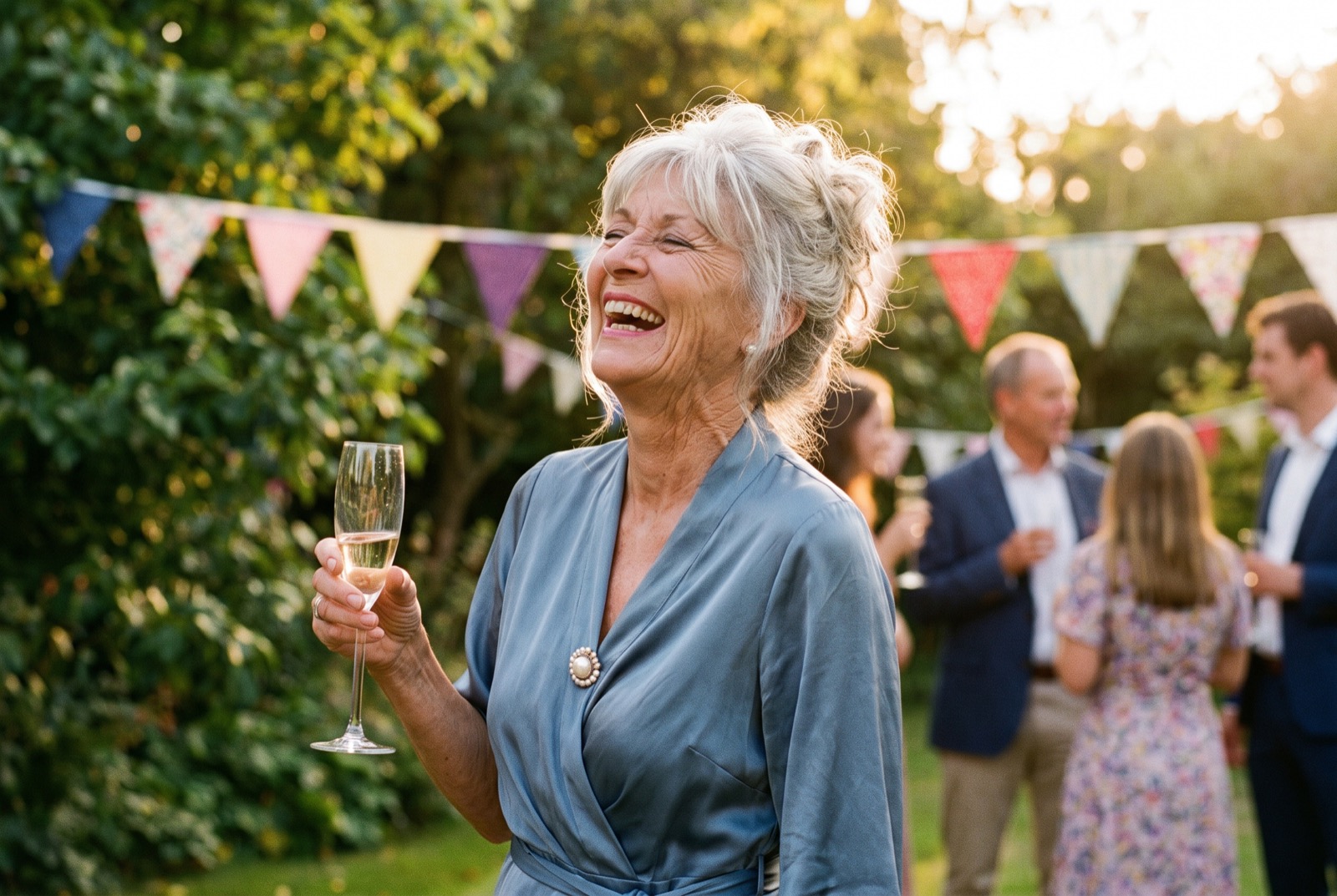 Margaret at eighty, wearing dusty-blue at her garden party, smiling warmly in the golden evening light.