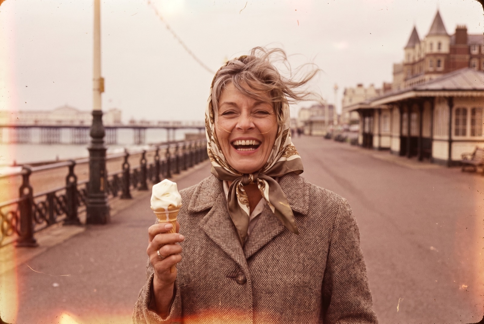 Margaret at twenty-five in the summer of 1968, photographed on a seafront promenade in vintage style.